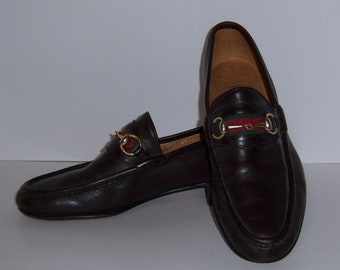 Vintage Gucci Horsebit Brown Leather Classic Red Green Stripe Shoes Slip On Loafers 10 D Horse Bit Bridle Italian 43