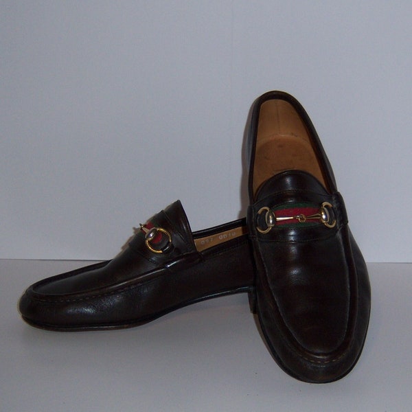 Vintage Gucci Horsebit Brown Leather Classic Red Green Stripe Shoes Slip On Loafers 10 D Horse Bit Bridle Italian 43