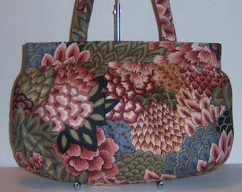 Vintage Margaret Smith Blue Mauve Green Jacobean Paisley Floral Flower Print Purse Bag Handbag Tote Gardiner Maine