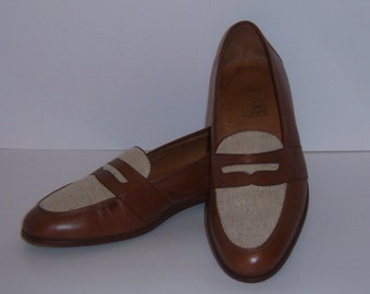 Vintage Bespoke Brand Brown Leather Linen Penny Loafers Shoes 11 M Made In Italy Harold's Harold Powell Italian