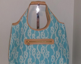 Vintage Lilly Pulitzer Bag Light Blue White Nautical Knots Ropes Print Shoulder Tote Bag Handbag Purse Waterproof Lining Beach Preppy Gift
