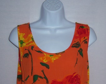 Vintage Jams World Orange Yellow Green Floral Flower Print Pattern Beach Sun Tank Dress Small S Cover Up Rayon