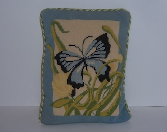 Vintage blauwe vlinder bloemen bloemen borduren wol gestikt worp accent kussen voltooid naaldpunt vlinders cadeau