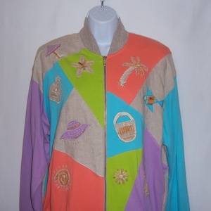 Vintage I. B. Diffusion Pastel Color Block Palm Tree Vacation Beach Motif Beaded Embroidered Jacket Coat Large L Applique&#39; I B Shacket Gift