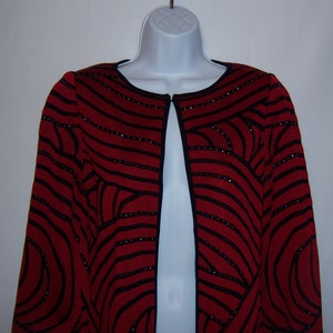 Ming Wang Black Burgundy Abstract Studded Cardigan Jacket Flyaway Style Sweater Extra Small XS Gift