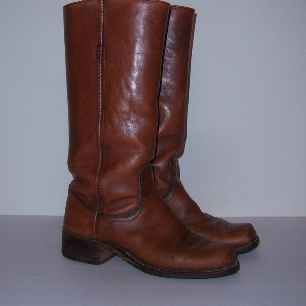 Vintage Frye Black Label Snub Square Nose Brown Leather Campus Boots Women's 7.5 M Medium Made In USA Great Patina 1970's