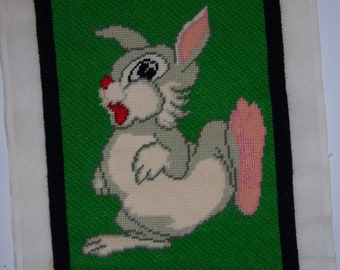 Vintage Needlepoint Finished Thumper Rabbit Bunny Disney Canvas 14.5" X 11" Bambi Completed Pink Green