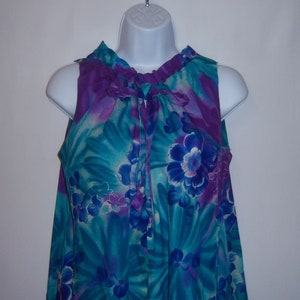 Vintage Mia&#39;s Designs Turquoise Blue Purple Tropical Floral Flower Hawaiian Print Maxi Hostess Dress 14 Large Muumuu Gift