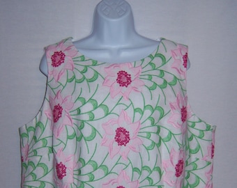 Vintage Talbots White Pink Green Embroidered Flower Floral Shift Sheath Cotton Linen Dress 16W Plue Deadstock NOS NWT
