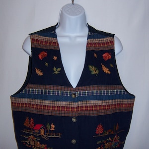 Chaleco vintage Casey & Max azul marino con diseño de cosecha de otoño y galón, de pana bordada, con estampado de granja campestre, talla grande, con hojas y puente