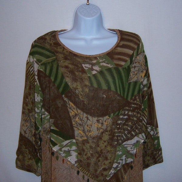 Vintage Platinum Dorothy Schoelen Brown Green Tan Palm Leaves Fronds Tropical Print Shirt 3/4 Sleeve Top Small S