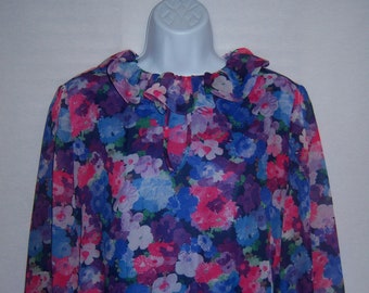 Vintage Jane Andre California Blue Purple Hot Pink Green Ruffled Pansy Pansies Floral Flower Print Flounced Chiffon Dress 10 12 Medium