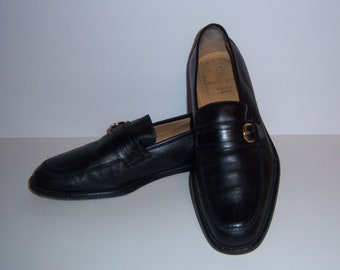 Vintage Bruno Magli Classic Black Leather Gold Buckle Loafers Shoes 10 M Made in Italy Italian Slip On Gift