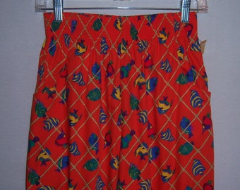 Vintage Alexander Campbell Orange Green Turquoise Blue Yellow Angel Tropical Fish Print Flood Crop Pants 6 8 Deadstock NOS NWT High Waist