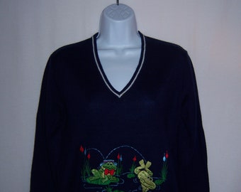 Vintage Anthony's Navy Blue Green Red Embroidered Frog Toad Sweater Large L Jumper Frogs Toads