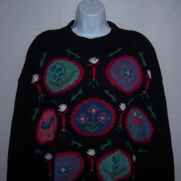 Vintage Northern Isles Black Pink Blue Periwinkle Flowers Birds Hand Embroidered Sweater 1X Plus XXL