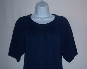 Vintage Pringle of Scotland Blue Cable Knit Ribbed Short Sleeve Cotton Sweater Large L Gift