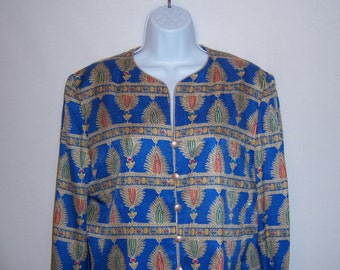 Vintage Adrianna Papell Royal Blue Gold Green Red Egyptian Revival Print Pattern Silk Blazer and Skirt Outfit 10 12 Medium Deadstock NWT NOS