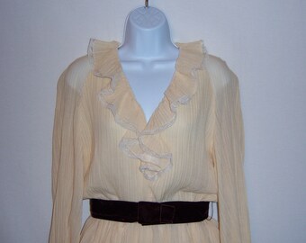 Vintage Irene Herbert's Off White Ivory Ruffled Romantic Gauze Crinkle Outfit Blouse Shirt & Skirt 6 8 Small Deadstock NWT NOS 2 Piece Set