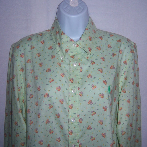 Vintage Polo Ralph Lauren Mint Green Ditsy Floral Flower Print Cotton Button Down Long Sleeve Shirt Top 14 Blouse