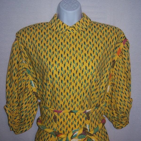 Vintage Lillie Rubin Yellow Black Green Abstract 80's Pattern Cotton Blousson Shirt With Matching Skirt 2 Piece Set Outfit Avant Garde