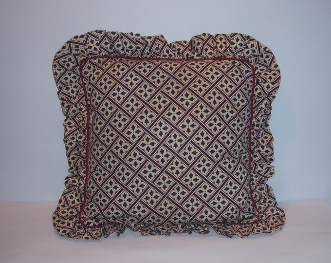 Vintage Laura Ashley Mr. Jones Navy Blue Burgundy Ruffled Throw Pillow