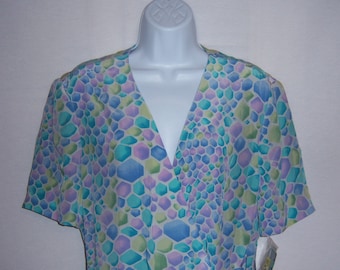 Vintage Adrianna Papell Blue Green Lavender Geometric Print Pattern Silk Wrap Dress 14 Large Deadstock NWT NOS