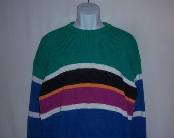Vintage Pringle of Scotland Blue Green Purple White Wide Striped Heavy Cotton Sweater Medium M Deadstock NWT NOS Gift