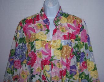 Vintage Ruth Norman Neiman Marcus White Pink Green Periwinkle Rose Mums Tulips Flower Floral Print Cotton Medium M Caftan Muumuu Maxi Dress