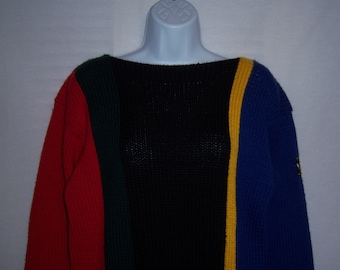 Vintage Polo Ralph Lauren Royal Blue Red Black Green Striped Stripe Heavy Wool Sweater Jumper Medium Blue Label Suicide Ski Cookie K Swiss
