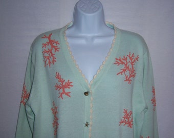 Vintage Storybook Knits Pale Green Coral Corals Cotton Novelty Cardigan Sweater Medium M Exotic Coral Sea Ocean