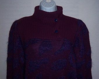 Vintage Courreges Aubergine Eggplant Purple Animal Print Wool Mohair Blend Sweater Medium M France