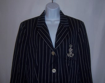 Vintage Lauren Ralph Lauren Navy Blue White Striped Crested Blazer Suit Jacket 14 16 Large Cricket Polo