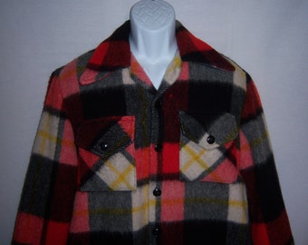 Vintage Pheasant Hunt By Gerhard Kennedy Red Off White Black Plaid Heavy Wool Blanket Hunting Coat Jacket Mens Medium Large M L Canada 50's