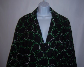 Vintage Carlisle Black Kelly Green Embroidered Geometric Circles Patter Zip Front Linen Jacket 14 Large