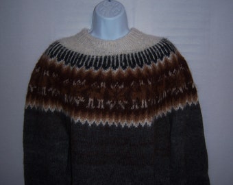 Vintage Alpaca Llama Fair Isle Pattern Grey Brown Off Whte Hand Knit Peruvian Sweater Extra Large XL Heavy Weight