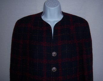 Vintage Herbert Grossman by Cynthia Sobel Navy Blue Red Green Plaid Boucle Wool 2 Piece Suit Jacket and Matching Skirt 8 10 Outfit Set