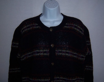 Vintage Polo Ralph Lauren Black Purple Brown Green Grey Fair Isle Pattern Wool Hand Knit Cardigan Sweater Jumper Large Blue Label