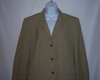 Vintage Lands' End Khaki Green Gingham Check Pattern Cotton Blazer Suit Jacket 12 Medium M