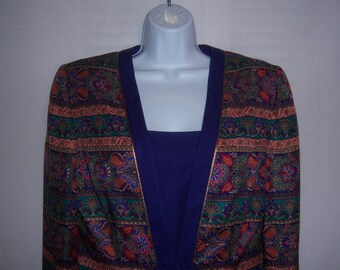 Vintage Adrianna Papell Purple Green Red Moroccan Paisley Print Pattern Silk Blazer and Dress Outfit 10 Medium Gift