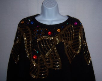 Vintage I. B. Diffusion Black Gold Jewelled Bow Ribbons Motif Angora Lambswool Holiday Party Sweater 2X Plus Beaded