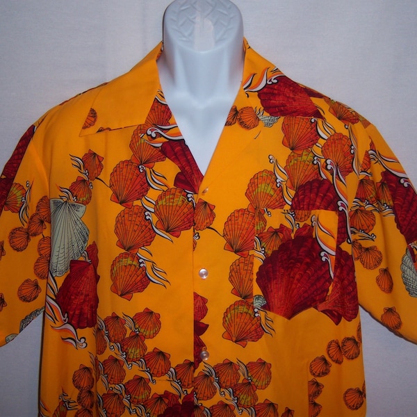 Vintage Tropicana Orange Black White Seashell Shell Print Hawaiian Shirt Large XL Extra Large