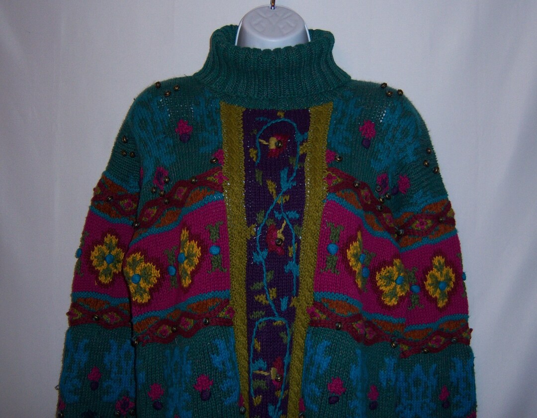 Vintage Jennifer Reed Hand Knit Teal Plum Green Floral Flower Cotton ...