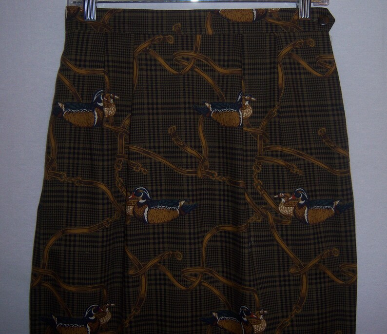 Vintage Alexander Campbell Brown Black Plaid Ducks Water Fowl Print Cotton Maxi Skirt 8 10 Huntin Field Stream
