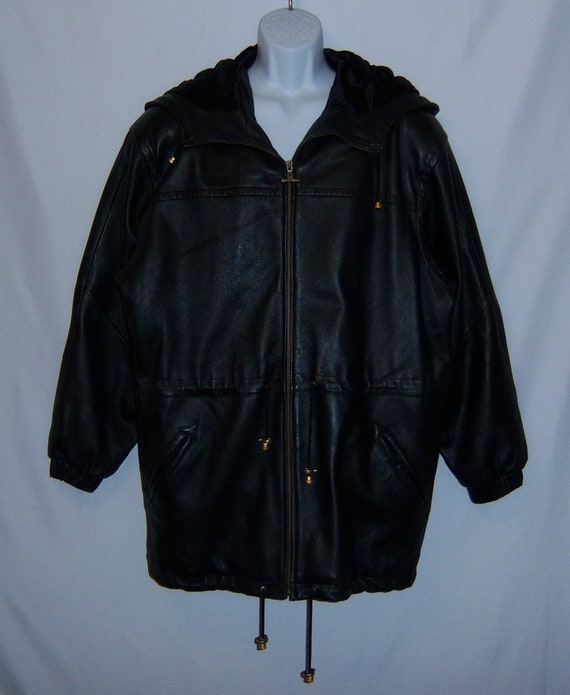 【KOOLOSET】Vintage Leather Hood Jacket Vintage JL Colebrook Black Leather Long Hooded Unisex Jacket