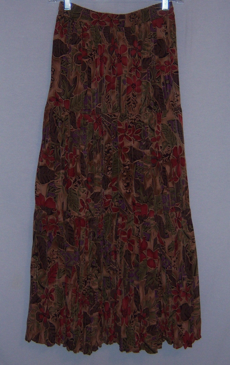 Vintage Kelly Stryker Brown Black Green Rust Floral Flower Gypsy Boho Maxi Broomstick Broom Skirt Small S Prairie Hippie