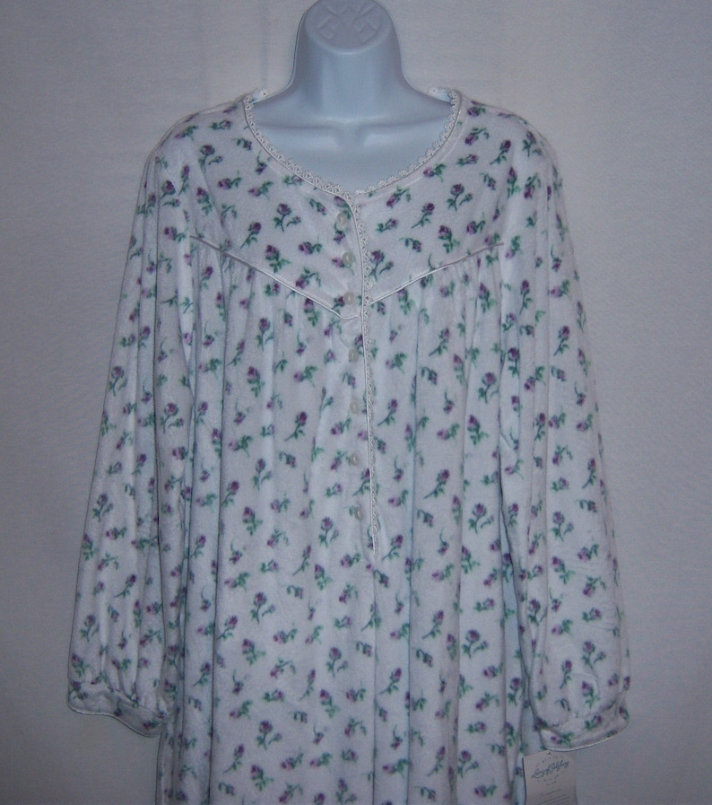 Vintage Lanz of Salzburg Purple Green Rosebud Print Fleece Nightgown Night Gown Large L Deadstock NWT NOS Sleep Victorian Edwardian Style