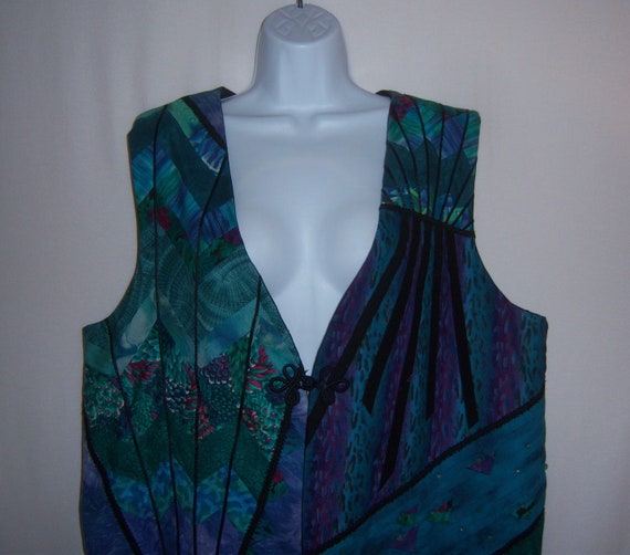 Vintage Green Teal Black Blue Quilted Quilt Vest … - image 1