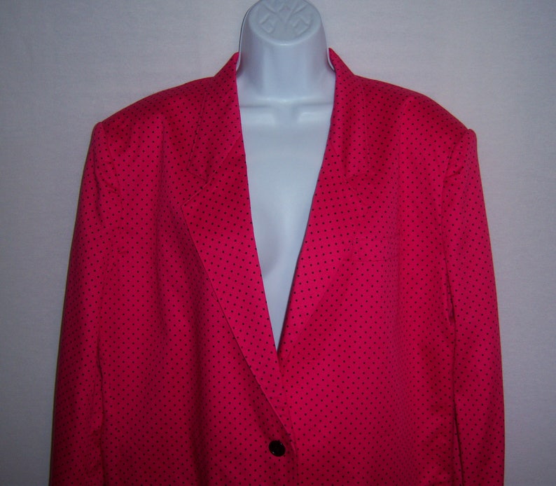 Vintage M M Cohn Hot Pink Black Swiss Polka Dot Print Boyfriend Blazer Jacket 14 Large L Deadstock NOS NWT Dots
