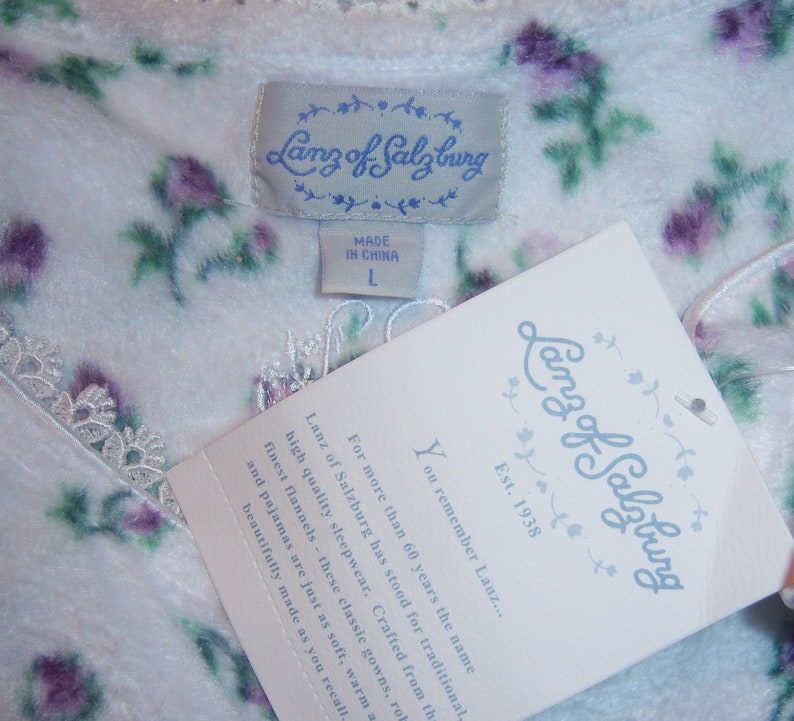 Vintage Lanz of Salzburg Purple Green Rosebud Print Fleece Nightgown Night Gown Large L Deadstock NWT NOS Sleep Victorian Edwardian Style